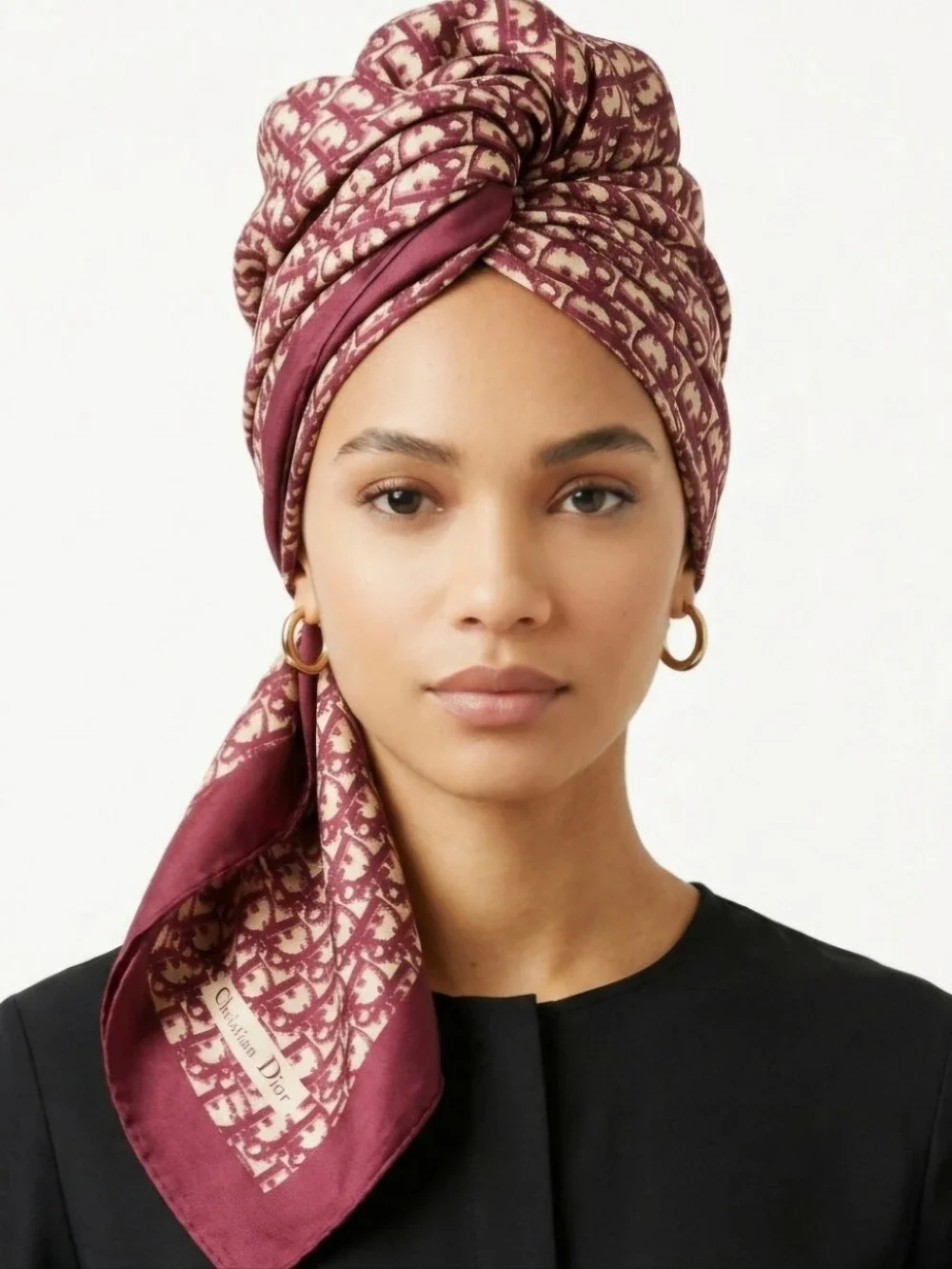 Christian Dior Burgundy & Cream Oblique Monogram Silk Scarf
